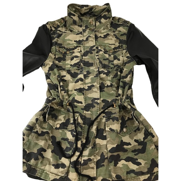 Blanc Noir Camo Anorak Utility Jacket Full Zip Black Faux Leather Sleeves Small - Picture 8 of 14